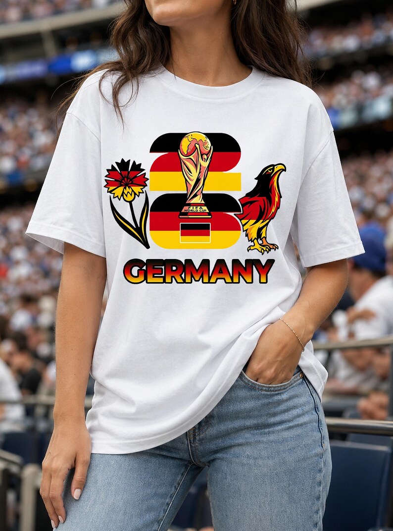 Puede incluir: Camiseta blanca con un dise&ntilde;o gr&aacute;fico que presenta la palabra "GERMANY" en amarillo y rojo, un trofeo, un &aacute;guila y una flor. La camiseta es de manga corta.