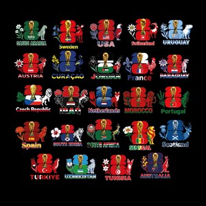 Puede incluir: Un fondo negro presenta gr&aacute;ficos coloridos que representan varios pa&iacute;ses. Cada gr&aacute;fico incluye un trofeo dorado, el n&uacute;mero 23 y el nombre del pa&iacute;s, junto con s&iacute;mbolos nacionales como banderas y animales.