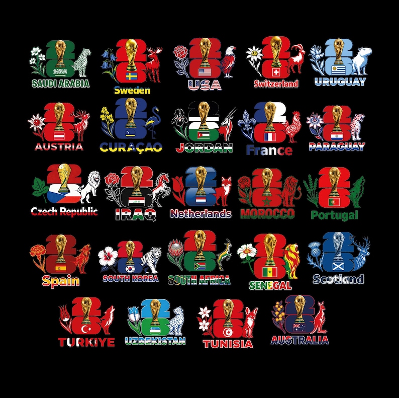 Puede incluir: Un fondo negro presenta gr&aacute;ficos coloridos que representan varios pa&iacute;ses. Cada gr&aacute;fico incluye un trofeo dorado, el n&uacute;mero 23 y el nombre del pa&iacute;s, junto con s&iacute;mbolos nacionales como banderas y animales.
