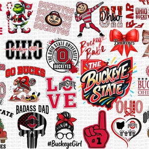 May include: A collection of Ohio State Buckeyes themed graphics and designs. Includes text like "Ohio", "Buckeyes", and "The Buckeye State", along with images of a football player, a Grinch-like character, and a skull.