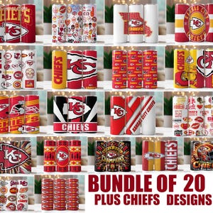 Könnte beinhalten: Eine Sammlung von 20 Becherdesigns mit dem Logo und den Farben der Kansas City Chiefs. Die Designs umfassen das Chiefs-Logo, den Teamnamen und verschiedene Muster in Rot, Gelb und Weiß. Die Becher sind zylindrisch und für Getränke geeignet.