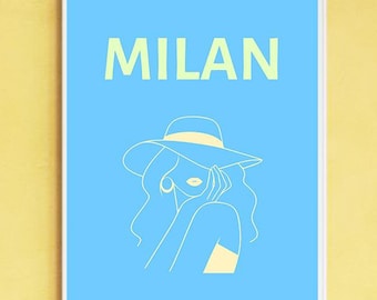 Póster de Milán – Arte mural de viaje de Italia, mujer de moda – Imprimible a todo color (descarga digital)