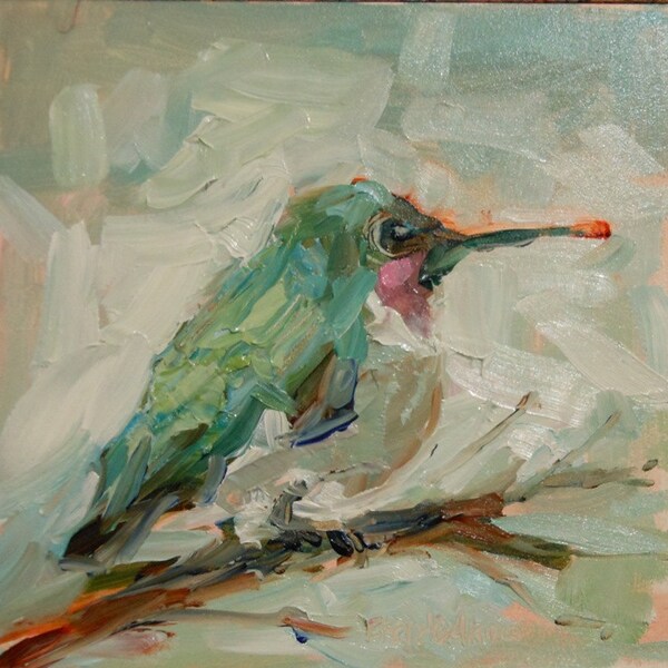 Everly, 4 x 4 inches, Male Hummingbird on a branch.