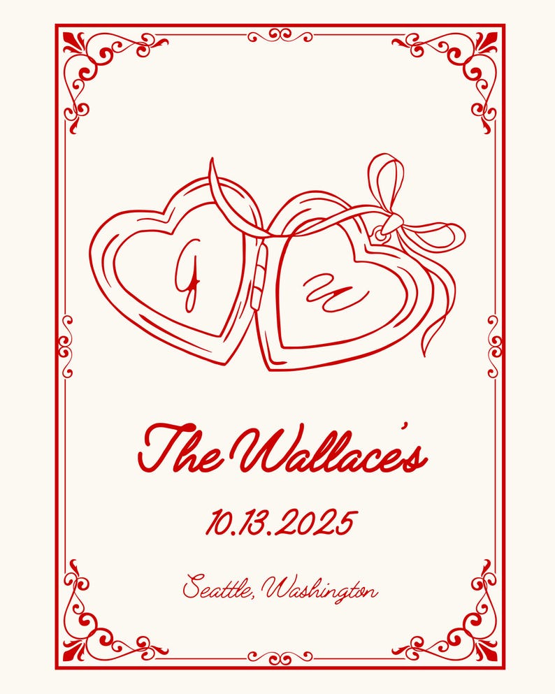 May include: Cream-colored wedding invitation with red decorative border and heart-shaped lockets. The text "The Wallace's", date, and location are in red script. The lockets have the letters "G" and "W".