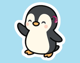 May include: A cartoon penguin sticker with black and white feathers, an orange beak, and orange feet. The penguin has rosy cheeks, a smiling expression, and is wearing a small pink hearing aid behind its left ear, set against a light blue background.