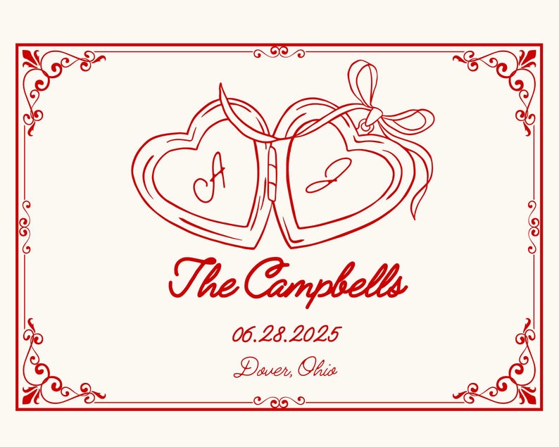 May include: Cream-colored card with a red border and decorative corner flourishes. Two connected heart-shaped lockets with the letters "A" and "J" are featured. The text "The Campbells", "06.28.2025", and "Dover, Ohio" are also included.