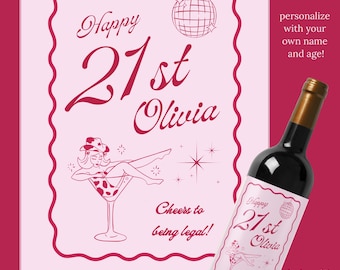 Custom Birthday Wine Label – Personalized Name, Year & Message | Pink Disco Cowgirl Theme