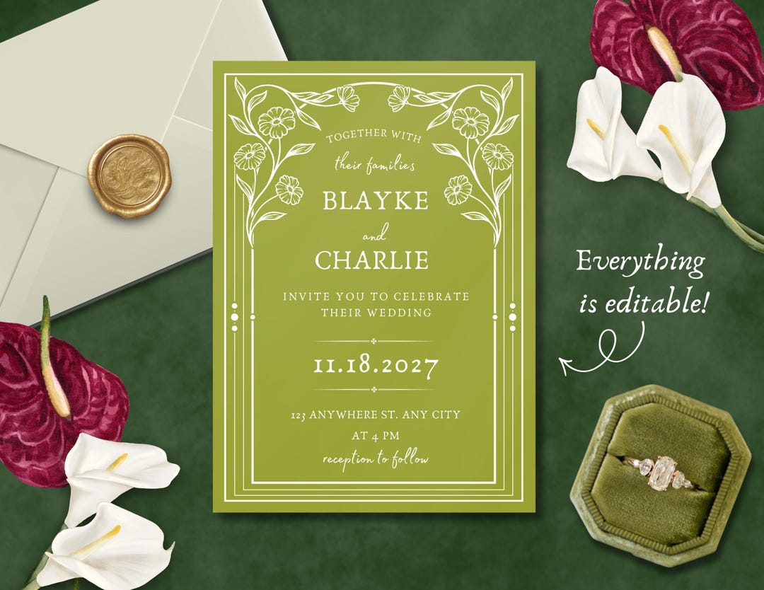 Editable Vintage Floral Wedding Template | Chartreuse Printable ...