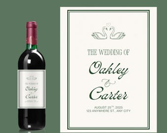 Elegant Swan Wedding Wine Label – Custom Name & Date | Classic Green Minimalist