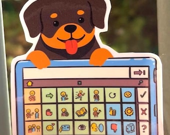 May include: A sticker of a cartoon Rottweiler dog above a tablet with a blue border. The dog has brown fur, orange markings, and a red tongue. The tablet shows various icons, including a house, arrows, and a book.