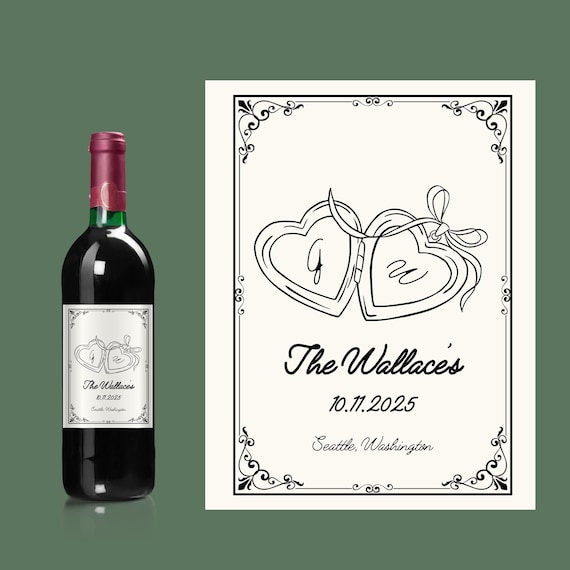 Custom Wine Label - Love Locket with Initials, Vintage Wedding Charm, Elegant, Reception Decor