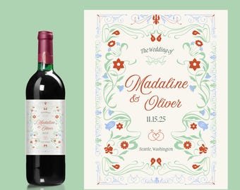 Floral Vintage Wedding Wine Label – Custom Names & Date | Whimsical Boho Botanical Design