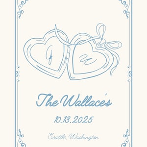 May include: A light blue and cream-colored wedding invitation with a decorative border. The design features two heart-shaped lockets with the letters "G" and "W", the text "The Wallace's", the date 10.13.2025, and the location "Seattle, Washington".