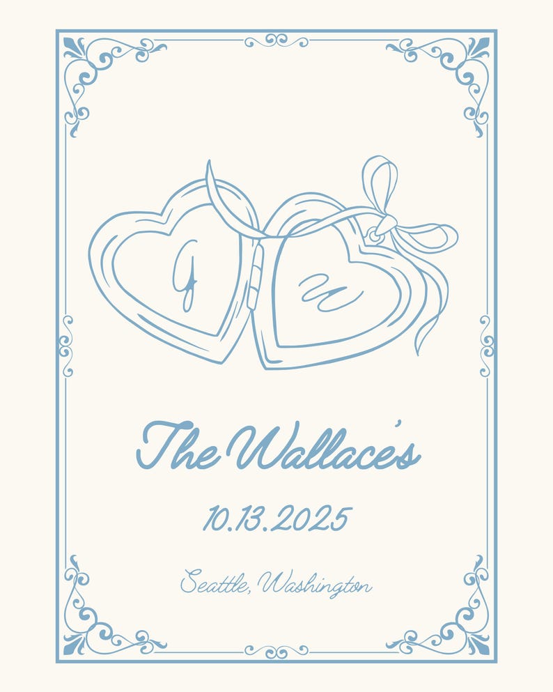 May include: A light blue and cream-colored wedding invitation with a decorative border. The design features two heart-shaped lockets with the letters "G" and "W", the text "The Wallace's", the date 10.13.2025, and the location "Seattle, Washington".