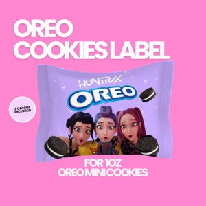 May include: A package of Oreo Mini Cookies with a purple and white design, featuring the text "OREO COOKIES LABEL" and "FOR 1OZ OREO MINI COOKIES." The package includes a cartoon illustration of three women and two Oreo cookies.