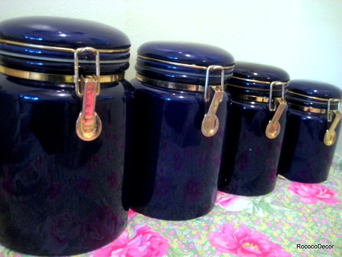 4 Vintage Cobalt Blue Ceramic Kitchen Canisters Etsy