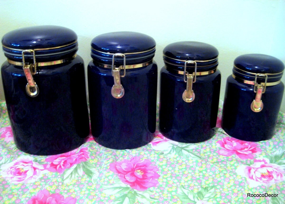 4 Vintage Cobalt Blue Ceramic Kitchen Canisters Etsy