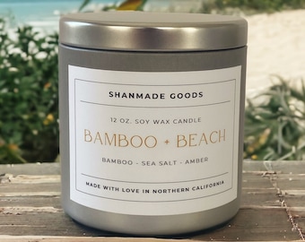 ShanMade Goods - "Beach & Bamboo" 12 oz. Soy Wax Candle Tin. Bamboo. Sea Salt. Ozone. Jasmine. Tonka. Green Leaves