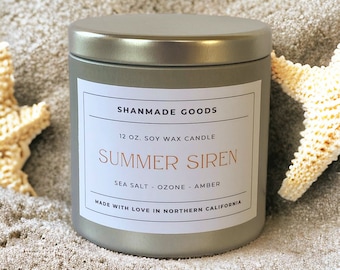 ShanMade Goods - "Summer Siren" 12 oz. Soy Wax Candle Tin. Orange. Sea Salt. Tonka Bean. Light Musk. Beach Candle