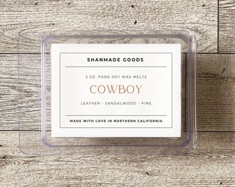 ShanMade Goods - "Cowboy" Para-Soy Wax Melts 3 0z. Leather Pine Fir Cedar Sandalwood Teakwood Masculine scent
