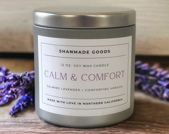 ShanMade Goods - "Calm & Comfort" 12 oz. Soy Wax Candle Tin. Lavender Vanilla Relaxing Candle