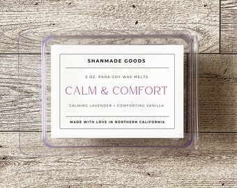 ShanMade Goods - "Calm & Comfort" Para-Soy Wax Melts 3 0z. Wax Melts. Lavender Vanilla Relaxing Calming Scent