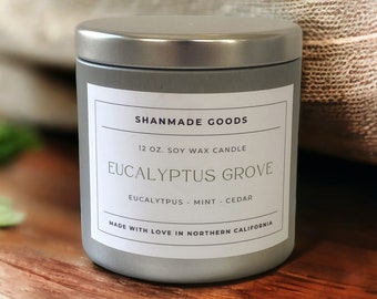 ShanMade Goods - "Eucalyptus Grove" 12 oz. Soy Wax Candle Tin. Eucalyptus. Peppermint. Spruce. Cedar. Moss. Amber. Evergreen
