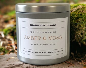 ShanMade Goods - "Amber & Moss" 12 oz. Soy Wax Candle Tin. Moss. Camphor. Sage. Amber. Vetiver