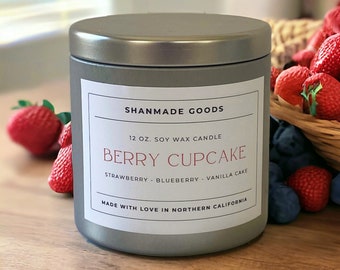 ShanMade Goods - "Berry Cupcake" 12 oz. Soy Wax Candle Tin. Blueberry. Strawberry. Vanilla. Cupcake. Gourmand Candle