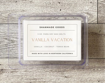 ShanMade Goods - "Vanilla Vacation" Para-Soy Wax Melts 3 0z. Wax Melts. Vanilla Coconut Milk Tonka Bean Beach Summer Scent
