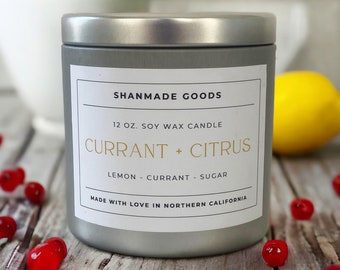 ShanMade Goods - "Currant & Citrus" 12 oz. Soy Wax Candle Tin. Lemon. Currant. Juniper. Peppermint. Lemon Grass