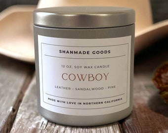 ShanMade Goods - "Cowboy" 12 oz. Soy Wax Candle Tin. Masculine. Leather. Pine. Teakwood. Sandalwood