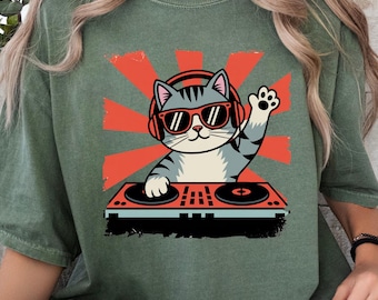 Camiseta de DJ Cat, divertida camiseta gráfica de gato con auriculares