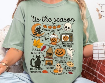 Camiseta vintage de Halloween con colores cómodos: camiseta con gráfico retro de calabaza y bruja
