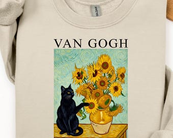 Van Gogh Cat Sweatshirt, Vintage Cat Painting Shirt, Artistic Parody Tee, Trendy T-Shirt