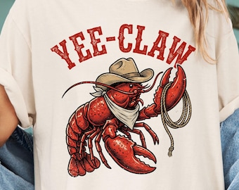 Camisa vaquera con estampado de langosta Comfort Colors®, camiseta Yee Claw, top playero estilo western para viaje a la costa de Amalfi.