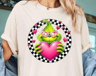 Comfort Colors Grinch Valentine Shirt, Green Love Monster T-Shirt, Heart Glasses Valentine Tee