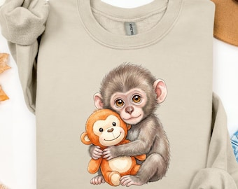 Sudadera con estampado de mono, adorable camiseta con estampado de mono bebé, camiseta con abrazo de peluche