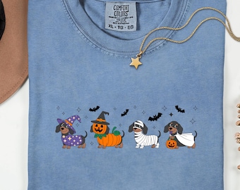 Camiseta Comfort Colors con diseño de perro salchicha fantasma: Camiseta de Halloween para amantes de los perros.