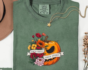 Camiseta de la temporada dulce y espeluznante: camiseta de Halloween con calabaza y flores