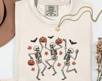 Camiseta de esqueleto danzante con colores cómodos: camiseta retro de Halloween