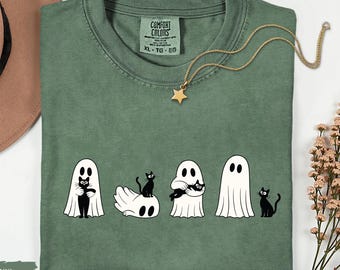 Halloween Black Cat & Ghost Comfort Colors Shirt: Spooky Season Tee