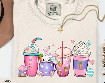 Camiseta con estampado de conejito de Pascua y café, colores cómodos, estilo kawaii primaveral