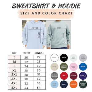 Pu&ograve; includere: Tabella delle taglie e dei colori per felpe e felpe con cappuccio. La tabella mostra le misure del petto e della lunghezza per le taglie dalla S alla 5XL. Le opzioni di colore includono bianco, nero, grigio cenere, grigio sportivo, sabbia, verde militare, rosa chiaro, blu reale e altro.