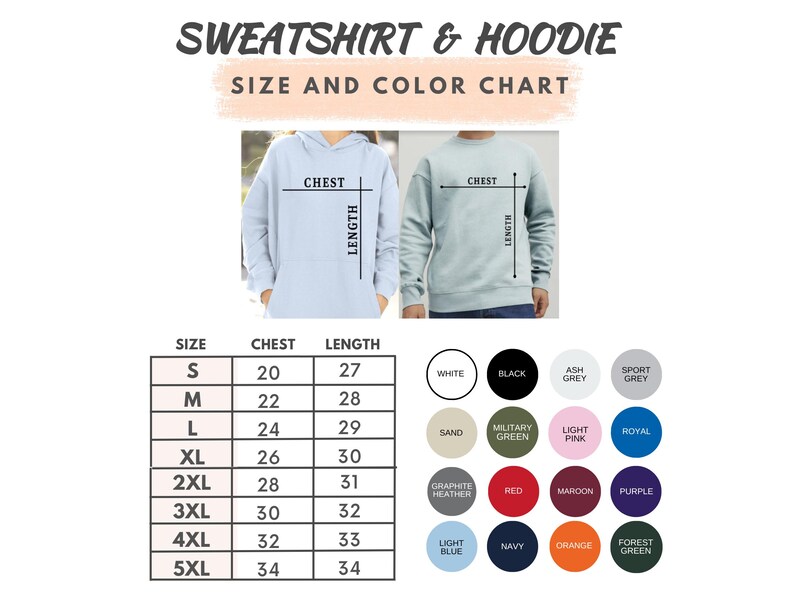 Pu&ograve; includere: Tabella delle taglie e dei colori per felpe e felpe con cappuccio. La tabella mostra le misure del petto e della lunghezza per le taglie dalla S alla 5XL. Le opzioni di colore includono bianco, nero, grigio cenere, grigio sportivo, sabbia, verde militare, rosa chiaro, blu reale e altro.