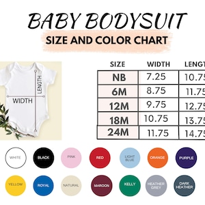 Pu&ograve; includere: Body per neonati bianco con tabella taglie e colori. La tabella mostra le misure per le taglie NB a 24M, con larghezze da 18,4 a 29,8 cm e lunghezze da 27,3 a 37,5 cm. Le opzioni di colore includono bianco, nero, rosa, rosso e altro.