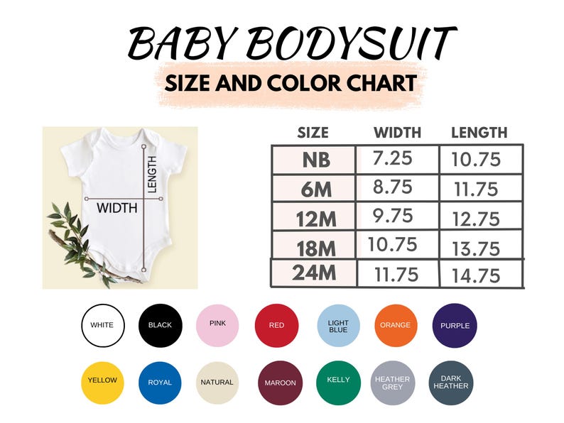 Pu&ograve; includere: Body per neonati bianco con tabella taglie e colori. La tabella mostra le misure per le taglie NB a 24M, con larghezze da 18,4 a 29,8 cm e lunghezze da 27,3 a 37,5 cm. Le opzioni di colore includono bianco, nero, rosa, rosso e altro.