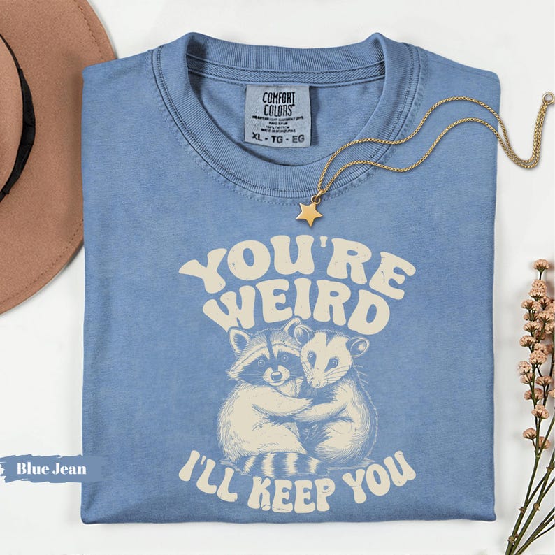 May include: A blue jean Comfort Colors t-shirt with the text "You're Weird, I'll Keep You" and a graphic of two hugging animals. A gold star pendant necklace and a brown hat are also visible.