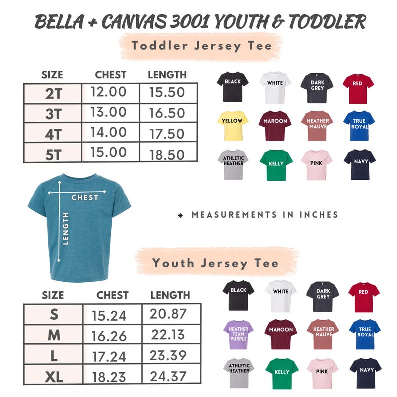 Pu&ograve; includere: Immagine di una tabella delle taglie per magliette da bambino e ragazzo. La tabella include le misure del petto e della lunghezza in pollici, insieme alle opzioni di colore. Il testo "BELLA + CANVAS 3001 YOUTH & TODDLER" &egrave; in alto.