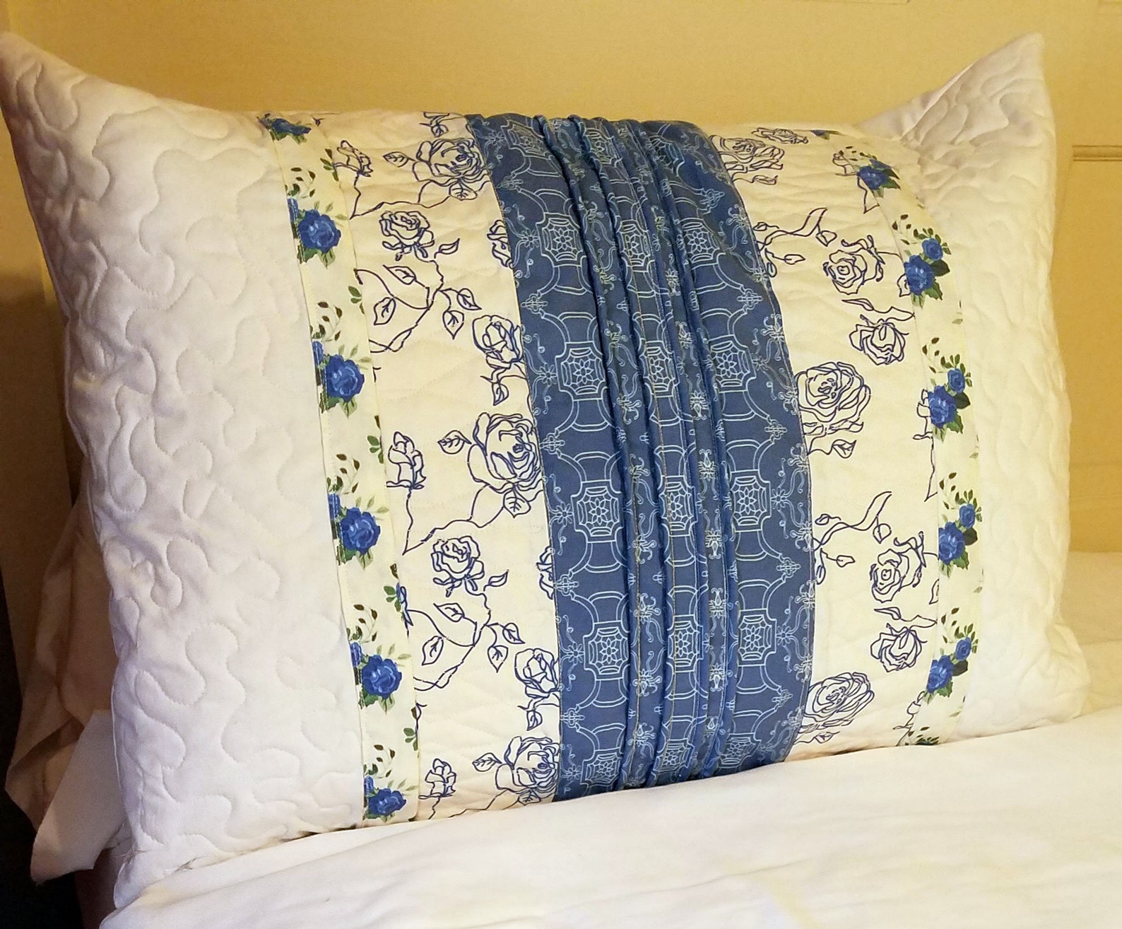 Standard Pillow sham Quilted Blue white Floral farm house Etsy